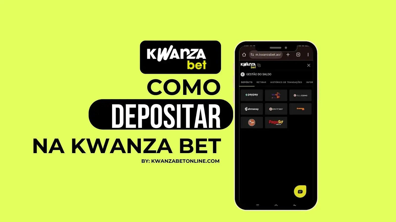 Infográfico passo a passo de como fazer um depósito na Kwanza Bet Angola utilizando a aplicação Multicaixa Express no telemóvel.