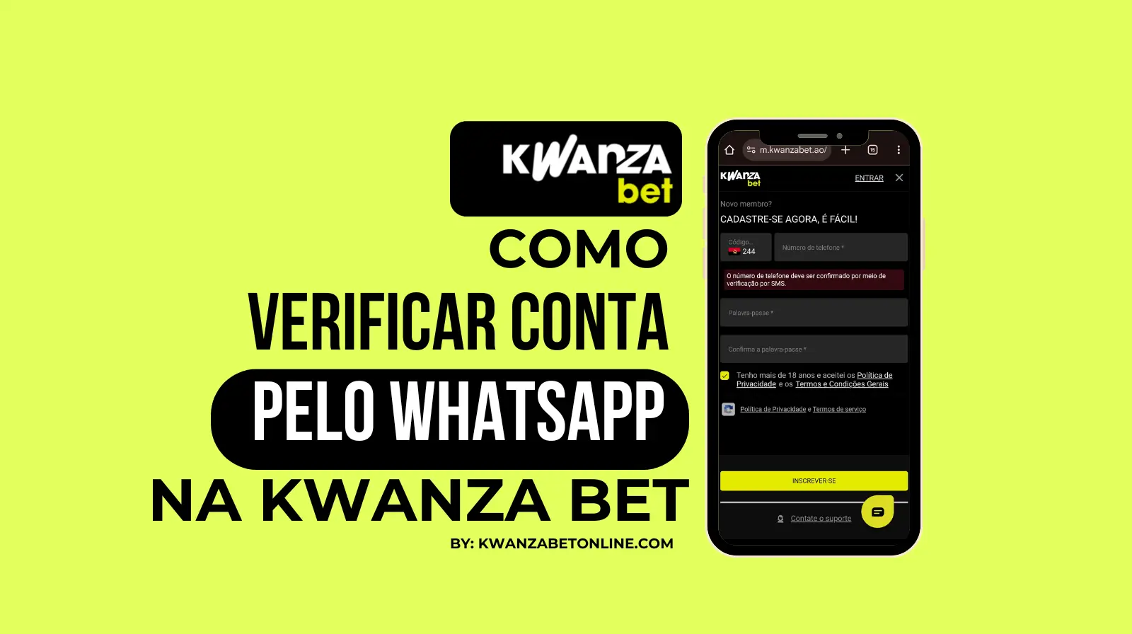 Infográfico mostrando como enviar documentos para verificação de conta na Kwanza Bet Angola através do WhatsApp oficial.