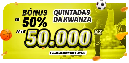 Banner promocional Quintadas da Kwanza Bet oferecendo 50% de bónus de depósito até 50.000 Kz todas as quintas-feiras.